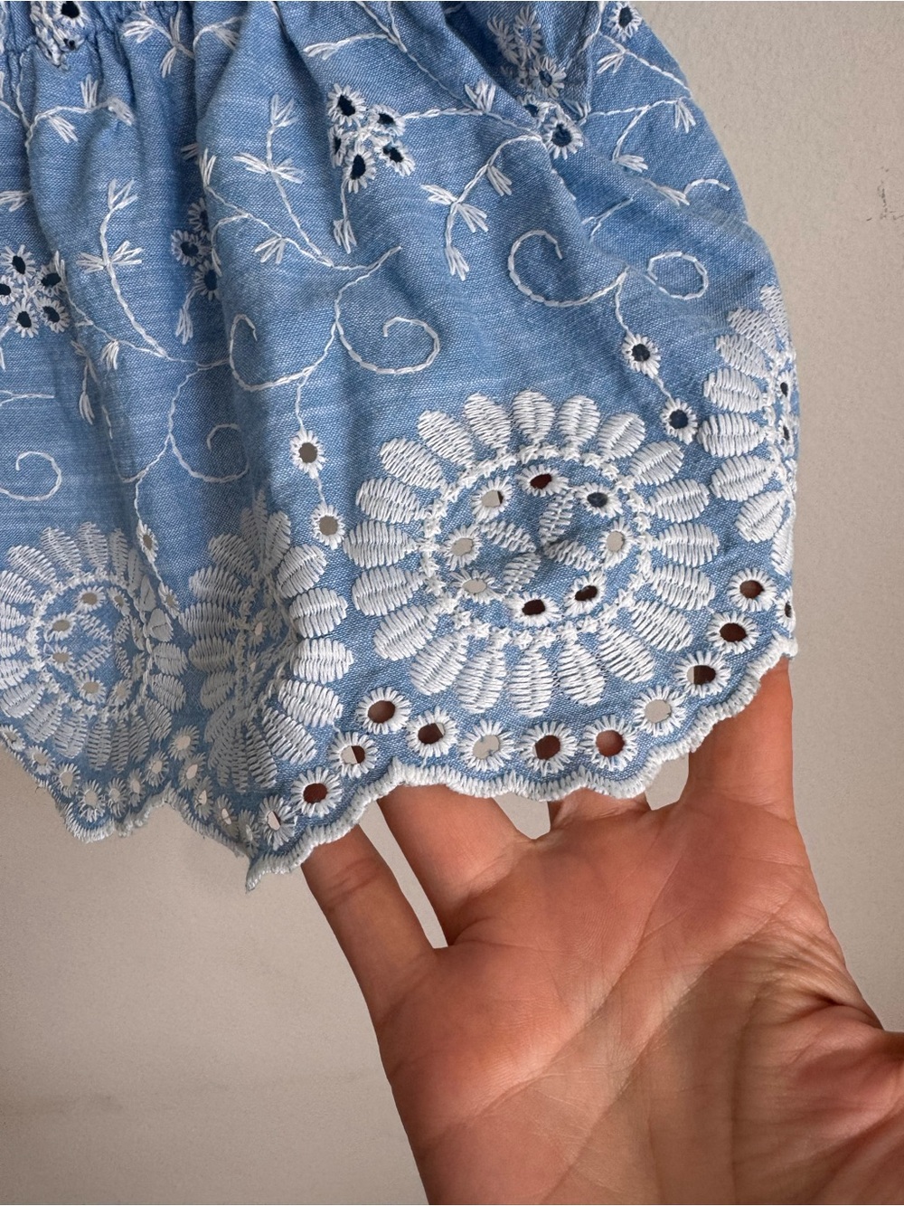 Zara Embroidered Eyelet Ruffle Crop Top Blue Cotton Smocked Back Size L - Picture 5 of 8